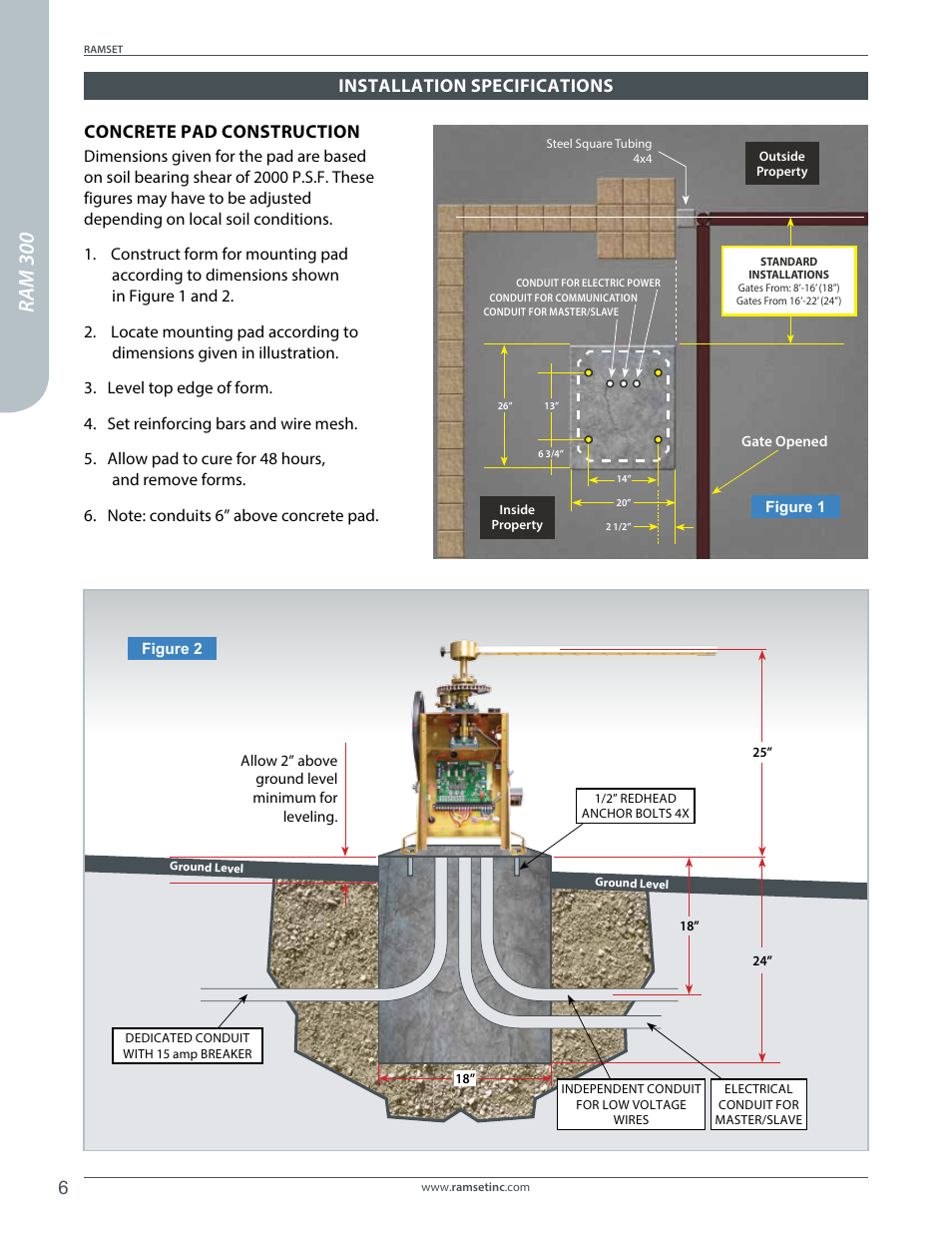 Ram 300, Concrete pad construction, Installation specifications | Controlled Products Systems Group RAM300 User Manual | Page 8 / 28