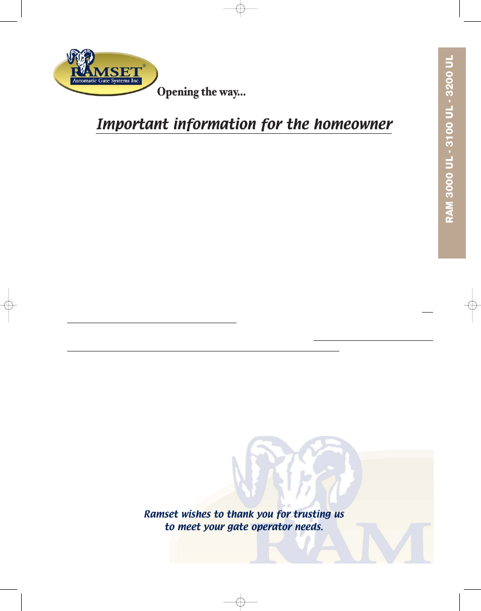 Important information for the homeowner, Opening the way | Controlled Products Systems Group RAM3000 User Manual | Page 25 / 28