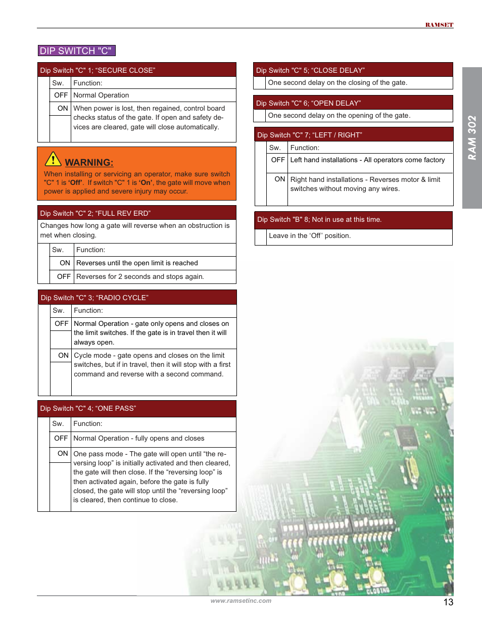 Ram 302, Dip switch "c, Warning | Controlled Products Systems Group RAM302UL User Manual | Page 15 / 27