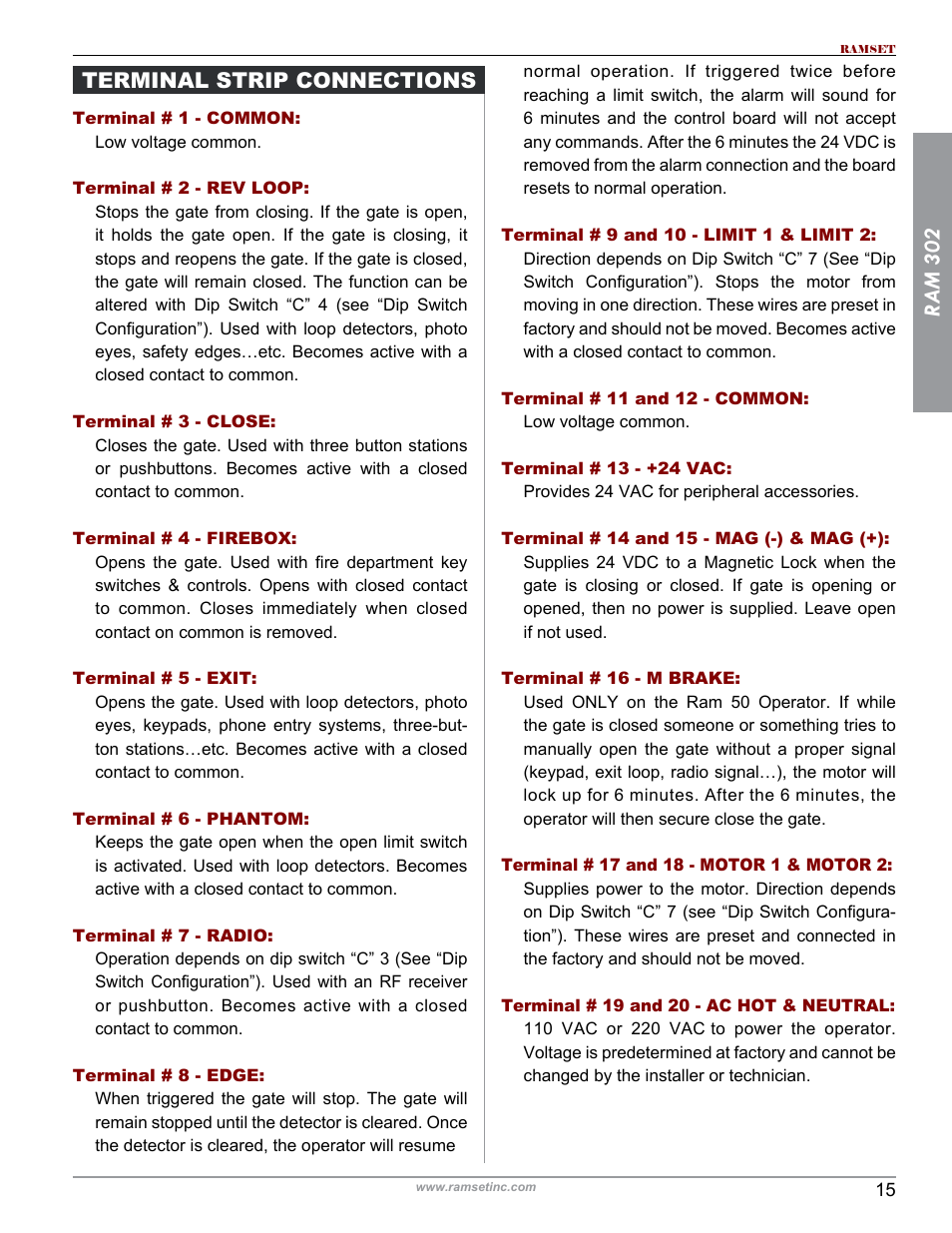 Ram 302, Terminal strip connections | Controlled Products Systems Group RAM302UL User Manual | Page 17 / 27