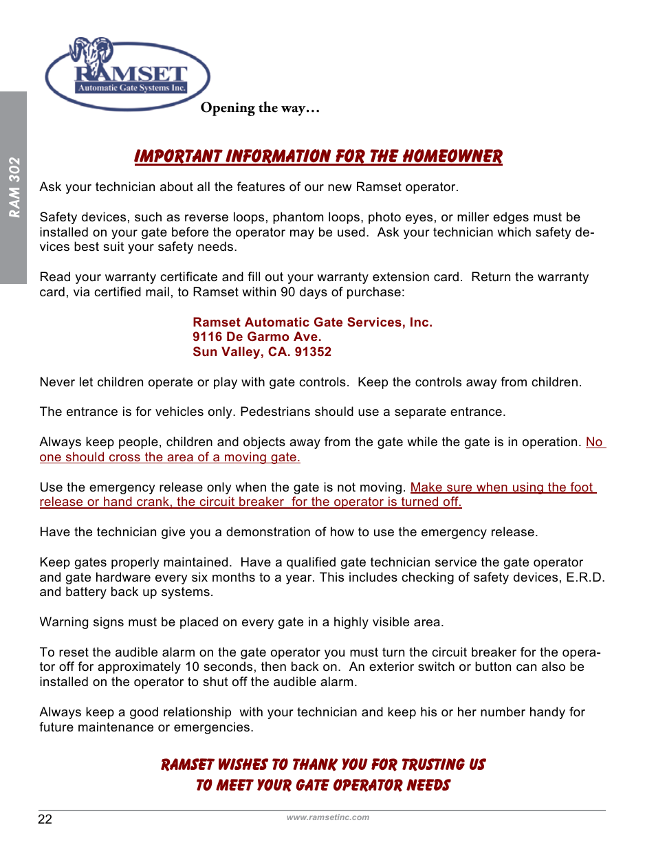 Important information for the homeowner, Ram 302 | Controlled Products Systems Group RAM302UL User Manual | Page 24 / 27