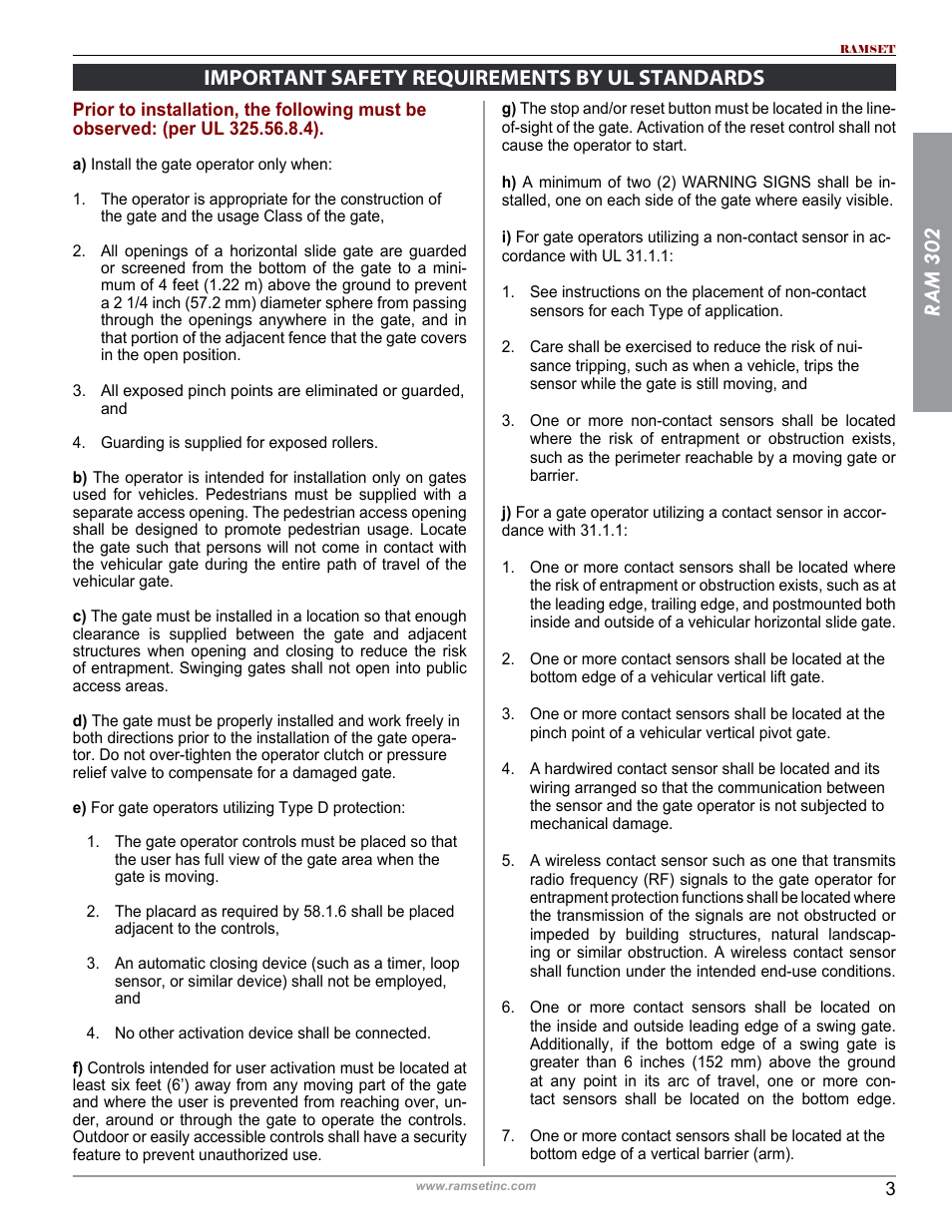 Ram 302, Important safety requirements by ul standards | Controlled Products Systems Group RAM302UL User Manual | Page 5 / 27