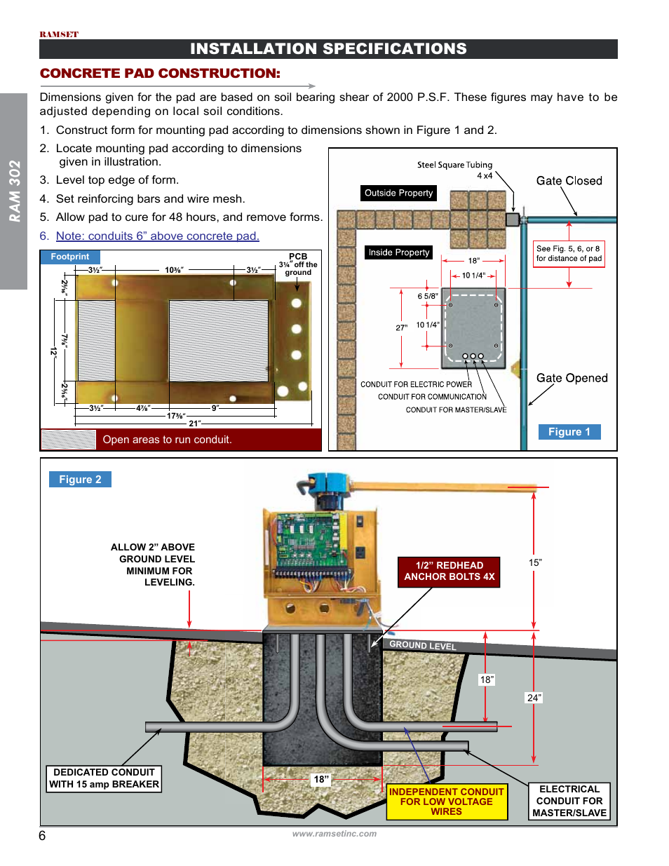 Ram 302, Installation specifications, Concrete pad construction | Controlled Products Systems Group RAM302UL User Manual | Page 8 / 27