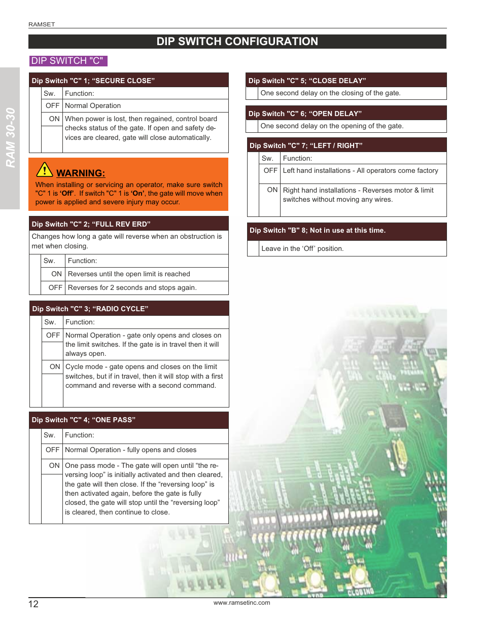 Ram 30-30, Dip switch configuration, Dip switch "c | Warning | Controlled Products Systems Group RAM3030 User Manual | Page 14 / 26