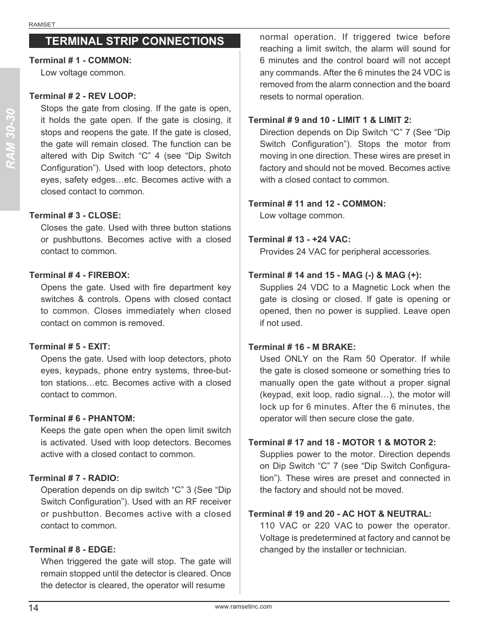 Ram 30-30, Terminal strip connections | Controlled Products Systems Group RAM3030 User Manual | Page 16 / 26
