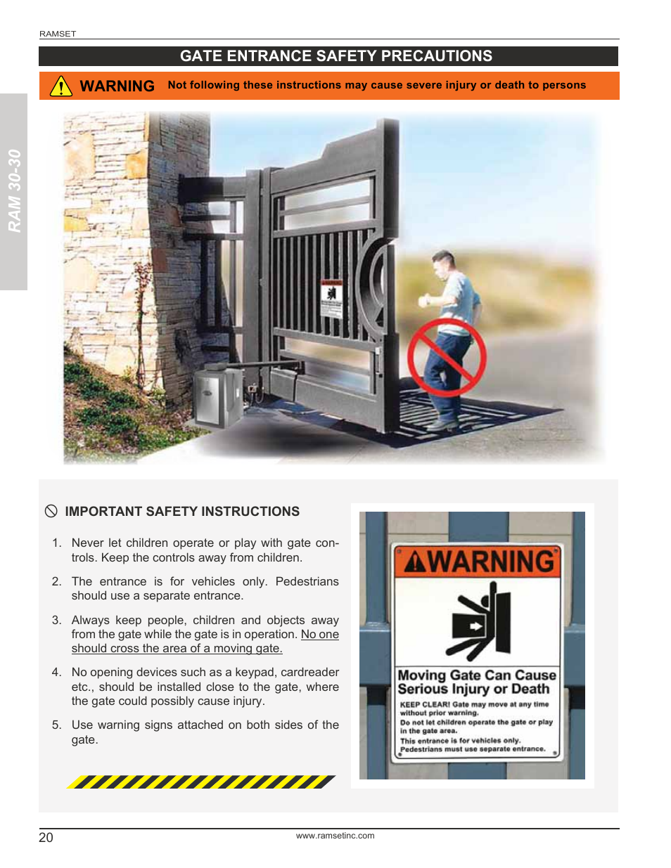 Ram 30-30, Gate entrance safety precautions, Warning | Controlled Products Systems Group RAM3030 User Manual | Page 22 / 26