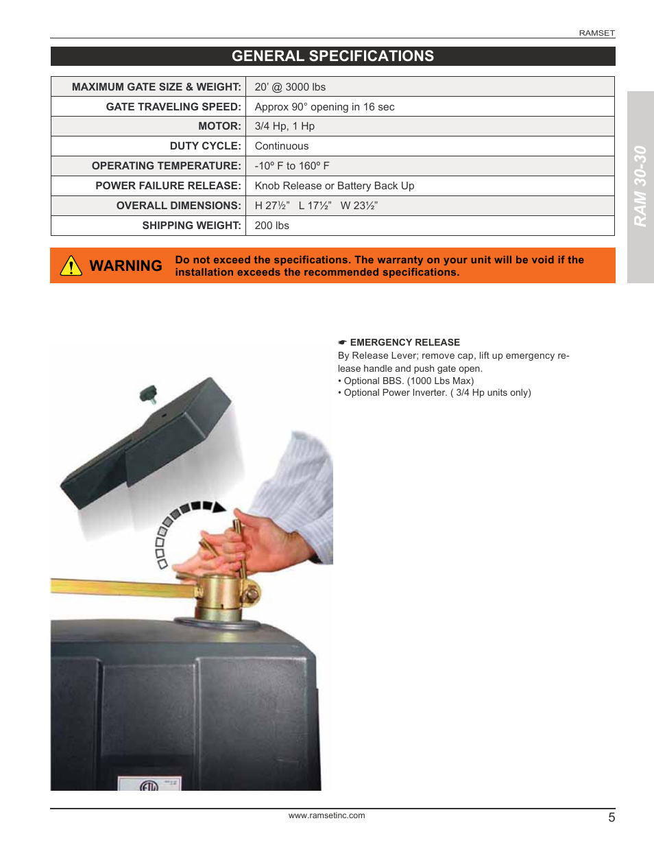 Ram 30-30, General specifications warning | Controlled Products Systems Group RAM3030 User Manual | Page 7 / 26