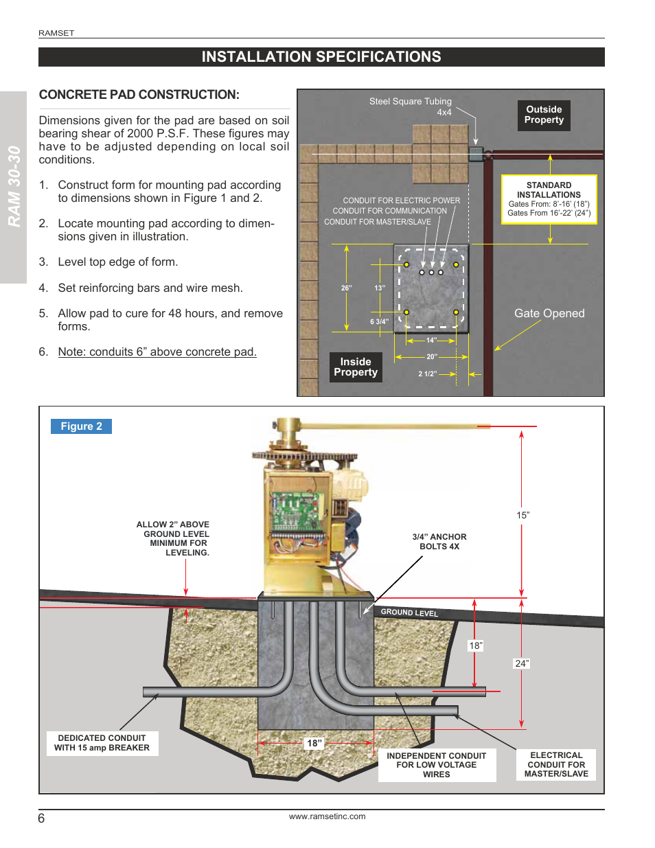 Ram 30-30, Installation specifications, Concrete pad construction | Controlled Products Systems Group RAM3030 User Manual | Page 8 / 26