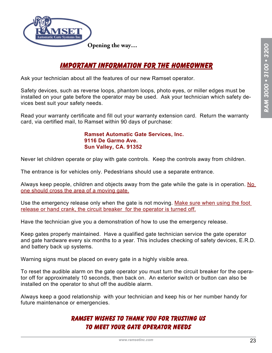 Important information for the homeowner | Controlled Products Systems Group RAM3200 User Manual | Page 25 / 28