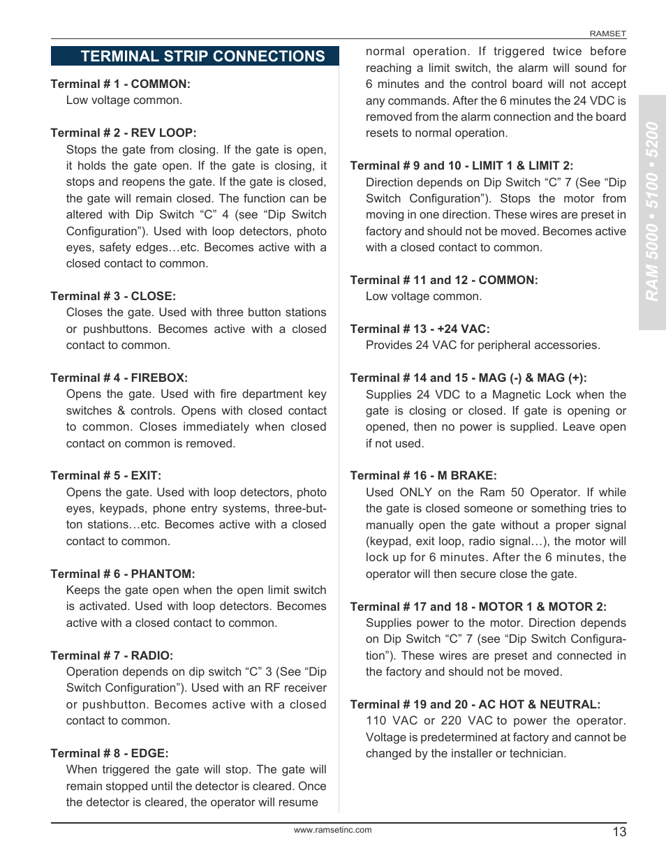 Terminal strip connections | Controlled Products Systems Group RAM5000 User Manual | Page 15 / 25