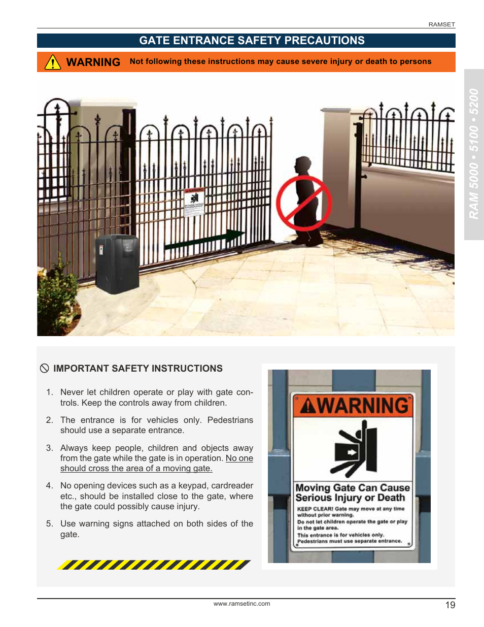 Gate entrance safety precautions, Warning | Controlled Products Systems Group RAM5000 User Manual | Page 21 / 25