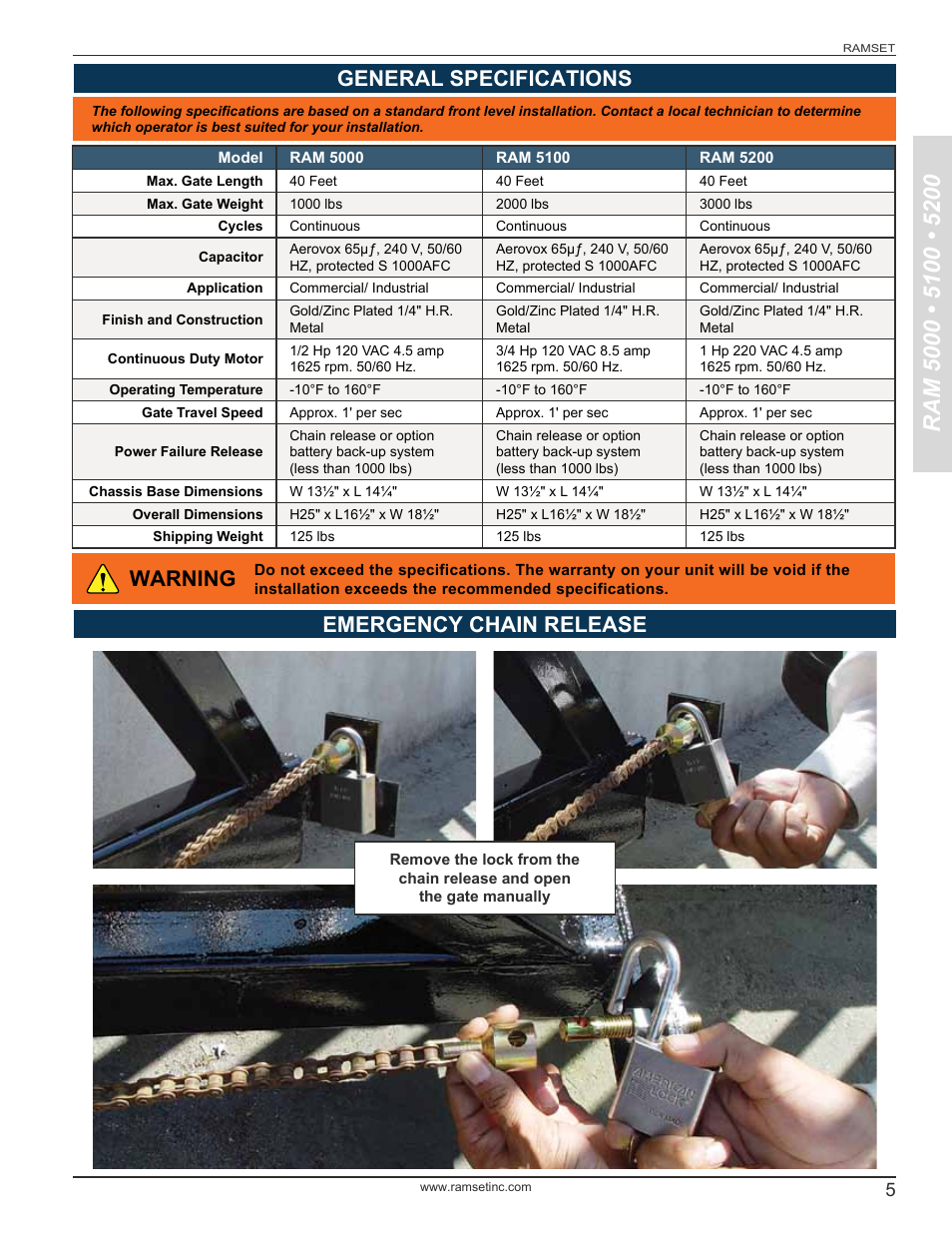 General specifications warning, Emergency chain release | Controlled Products Systems Group RAM5000 User Manual | Page 7 / 25