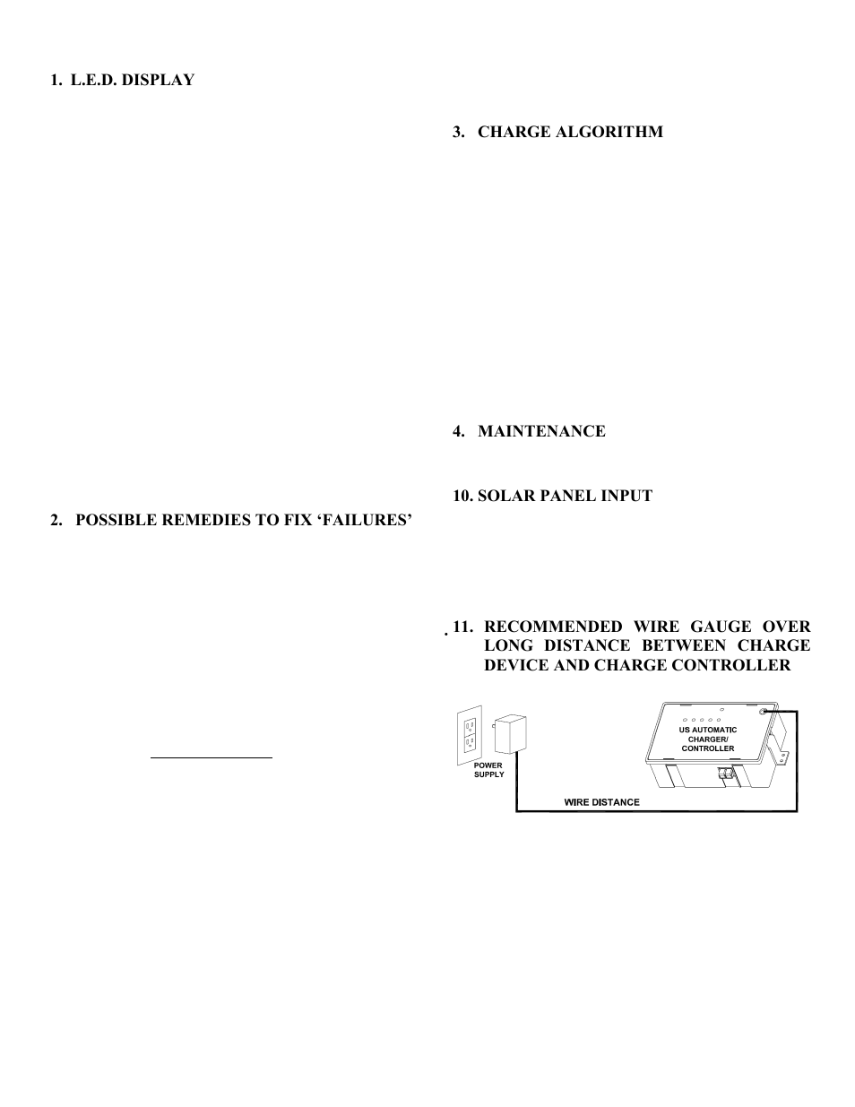 L.e.d. display, Possible remedies to fix ‘failures, Charge algorithm | Maintenance, Solar panel input | Controlled Products Systems Group RANGER User Manual | Page 14 / 31