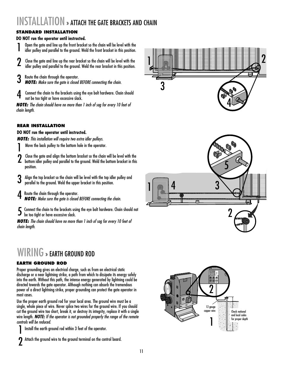 Attach the gate brackets and chain, Wiring, Earth ground rod (optional) | Controlled Products Systems Group RSL12V User Manual | Page 12 / 32