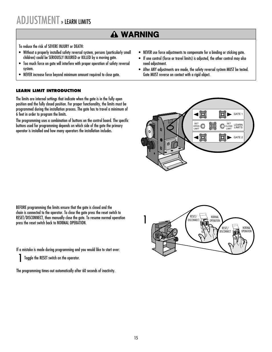 Adjustment, Learn limits, 1adjustment | Controlled Products Systems Group RSL12V User Manual | Page 16 / 32