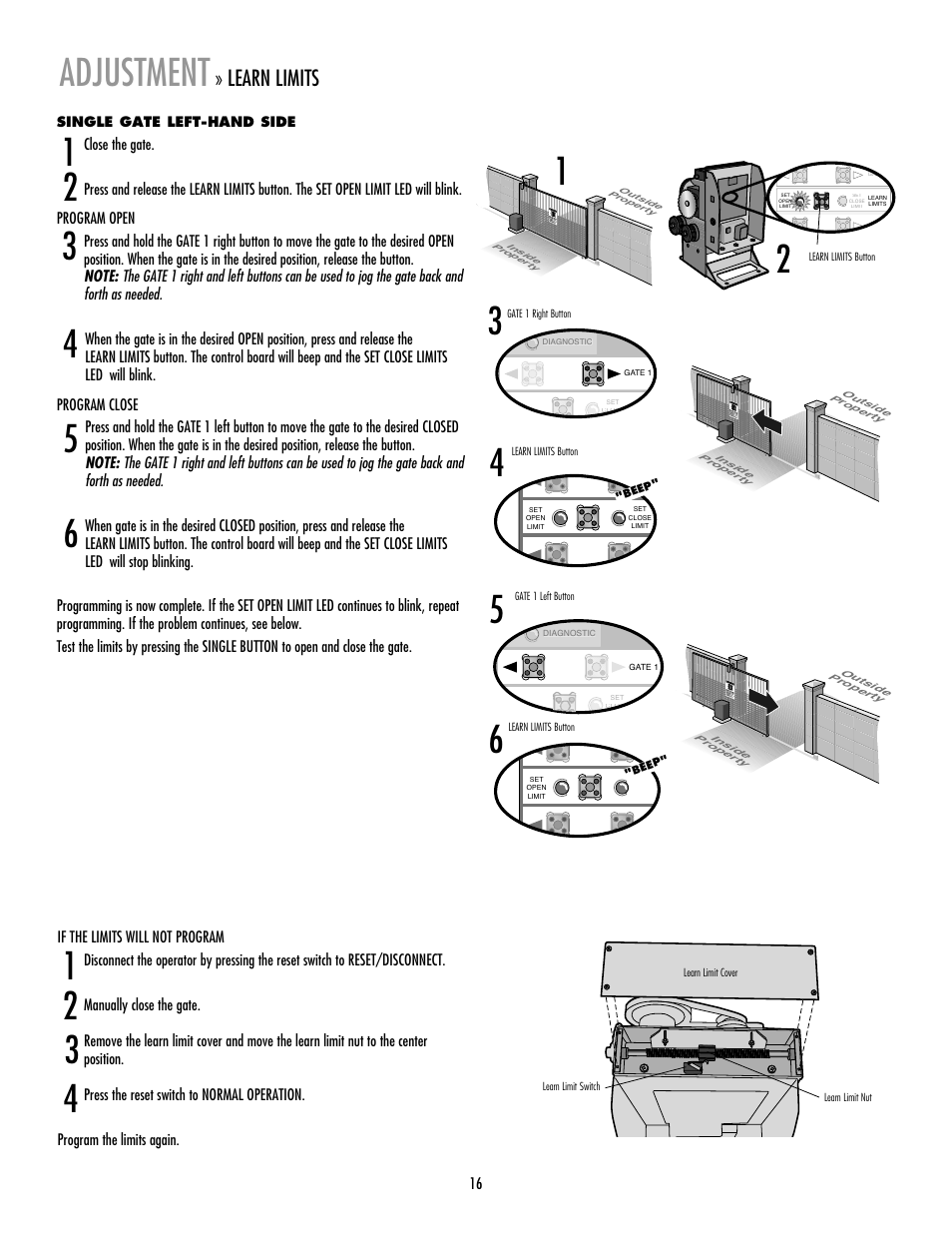 Single gate left-hand side, Adjustment, Learn limits | Controlled Products Systems Group RSL12V User Manual | Page 17 / 32
