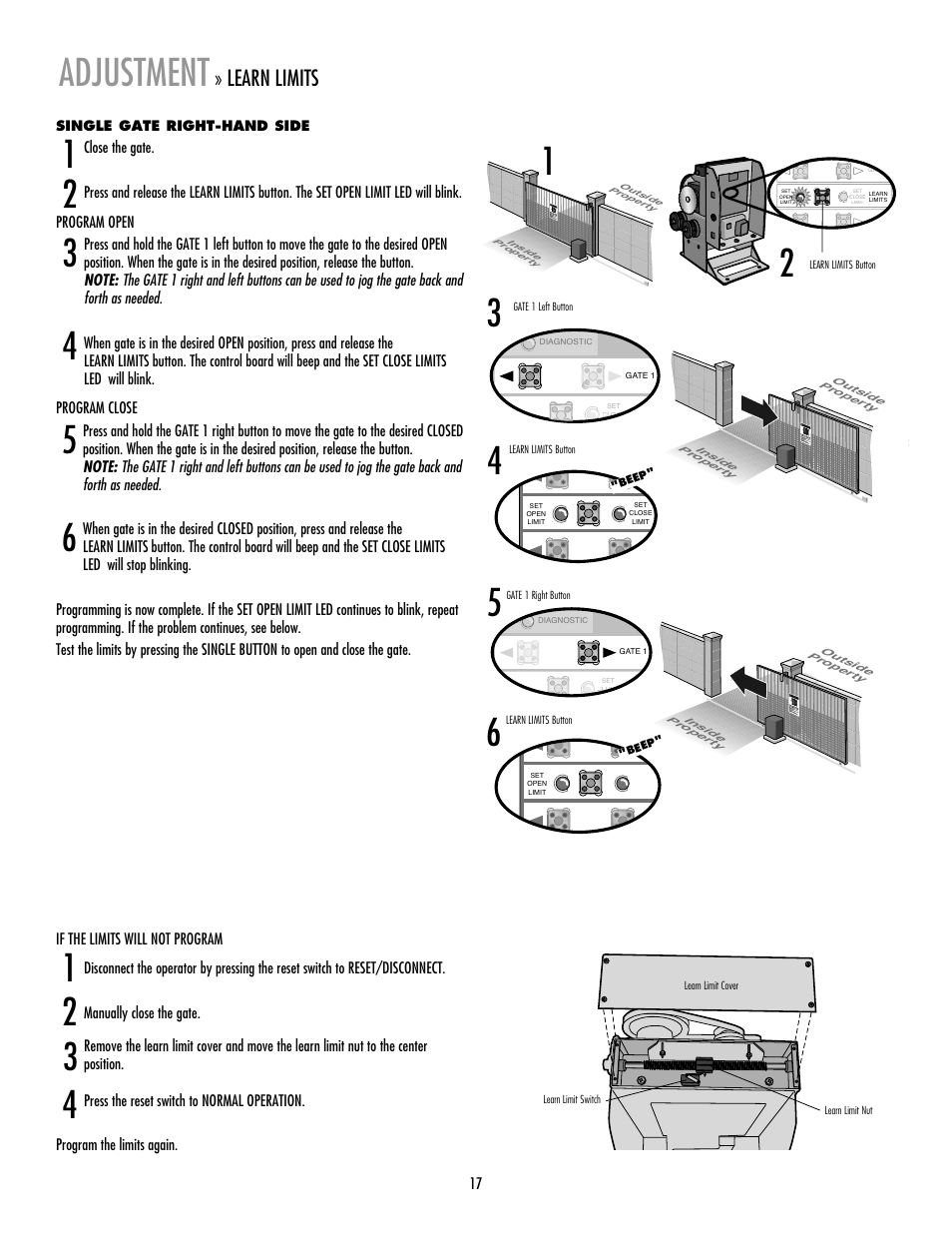 Single gate right-hand side, 5adjustment, Learn limits | Controlled Products Systems Group RSL12V User Manual | Page 18 / 32