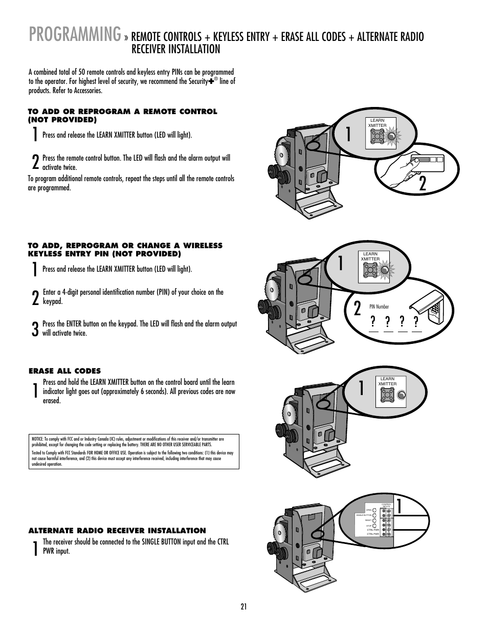 Programming, Erase all codes, 1programming | Controlled Products Systems Group RSL12V User Manual | Page 22 / 32