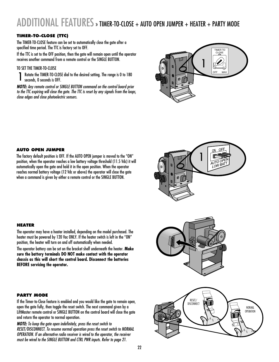 Additional features, Timer-to-close, Auto open jumper | Heater, Party mode | Controlled Products Systems Group RSL12V User Manual | Page 23 / 32