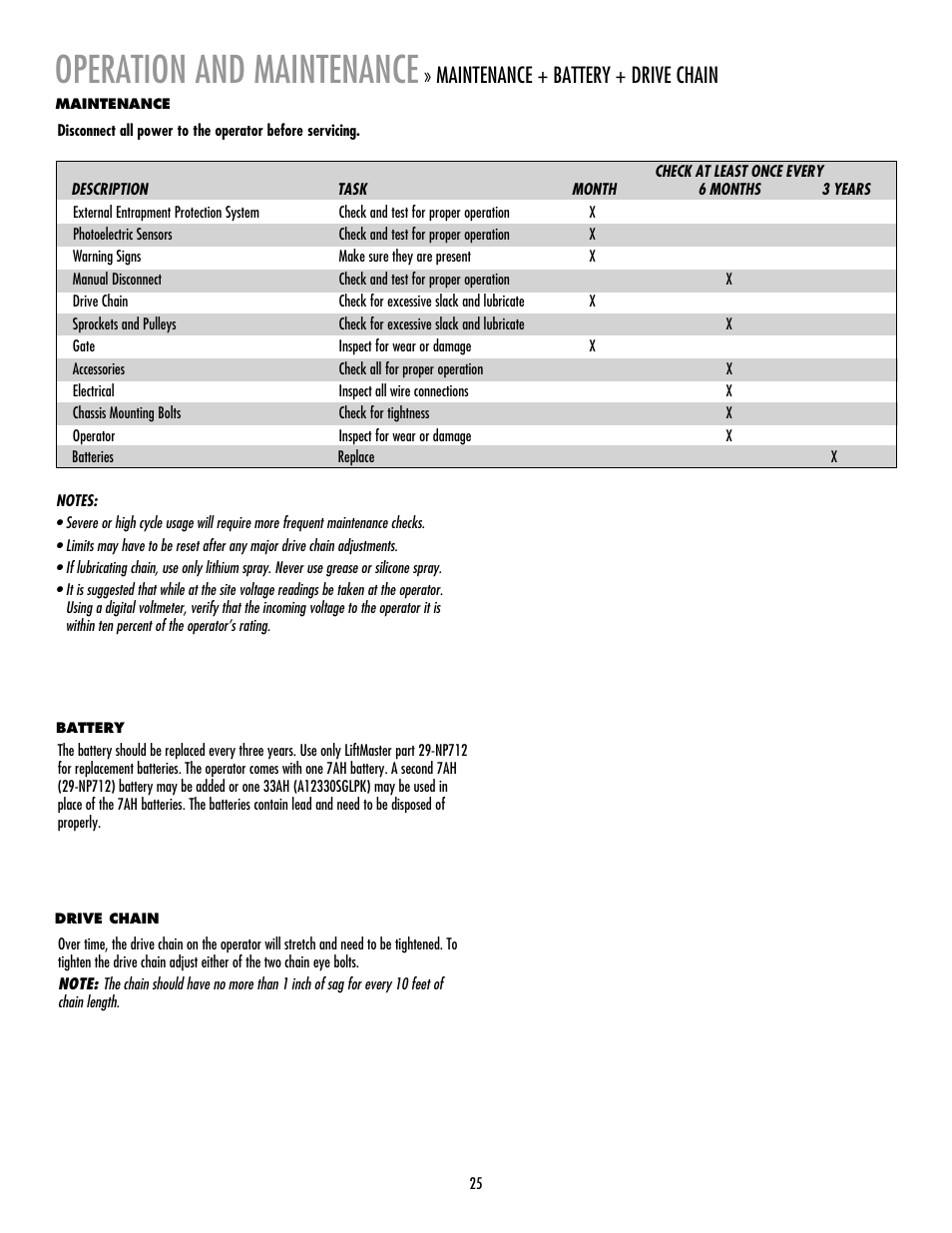 Operation and maintenance, Maintenance + battery + drive chain | Controlled Products Systems Group RSL12V User Manual | Page 26 / 32