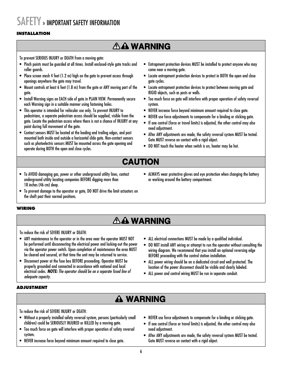 Installation, Wiring, Adjustment | Safety, Important safety information | Controlled Products Systems Group RSL12V User Manual | Page 7 / 32