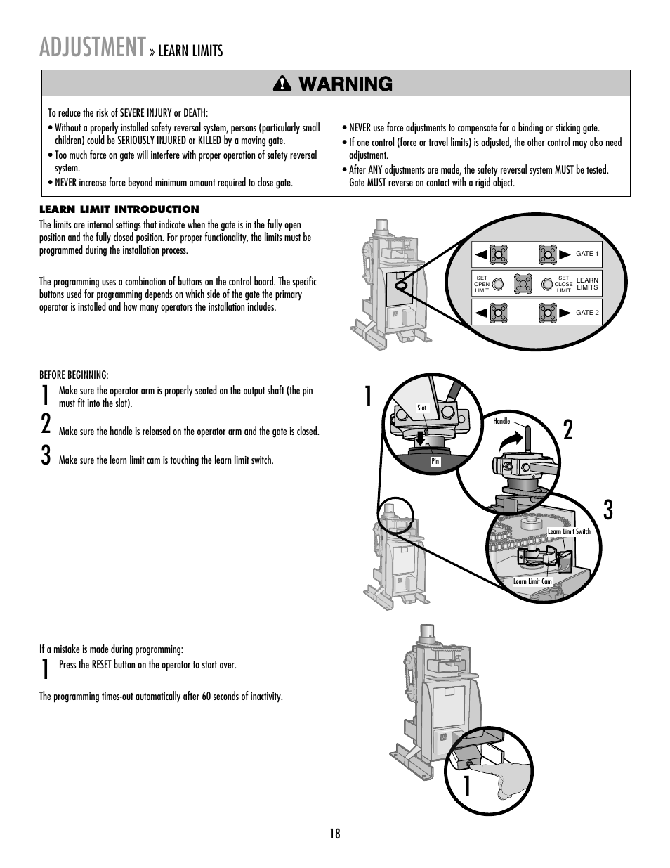 Adjustment, Learn limits | Controlled Products Systems Group RSW12V User Manual | Page 19 / 36