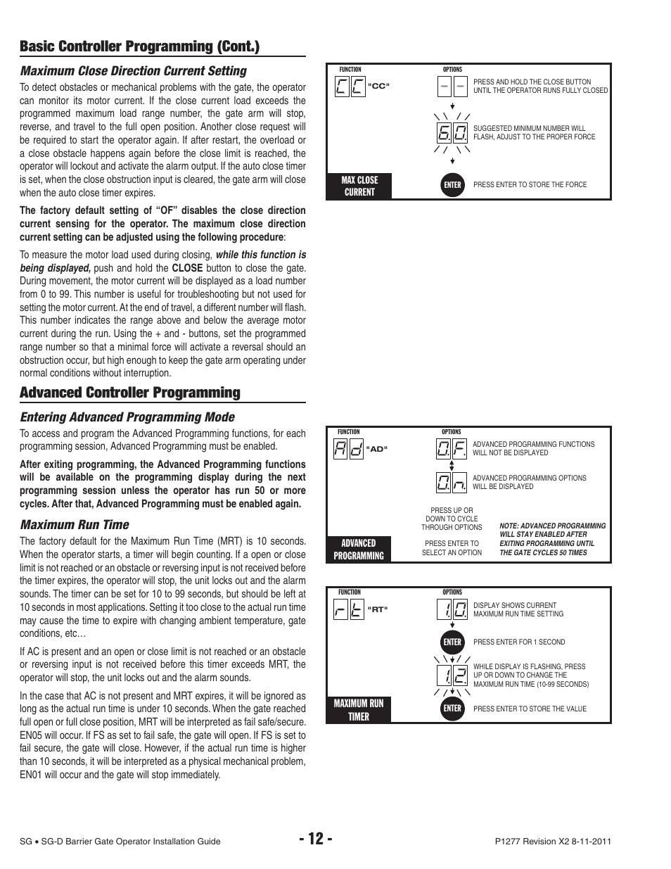 Basic controller programming (cont.), Advanced controller programming, Maximum close direction current setting | Entering advanced programming mode, Maximum run time | Controlled Products Systems Group SG-TB-25-211 User Manual | Page 14 / 28