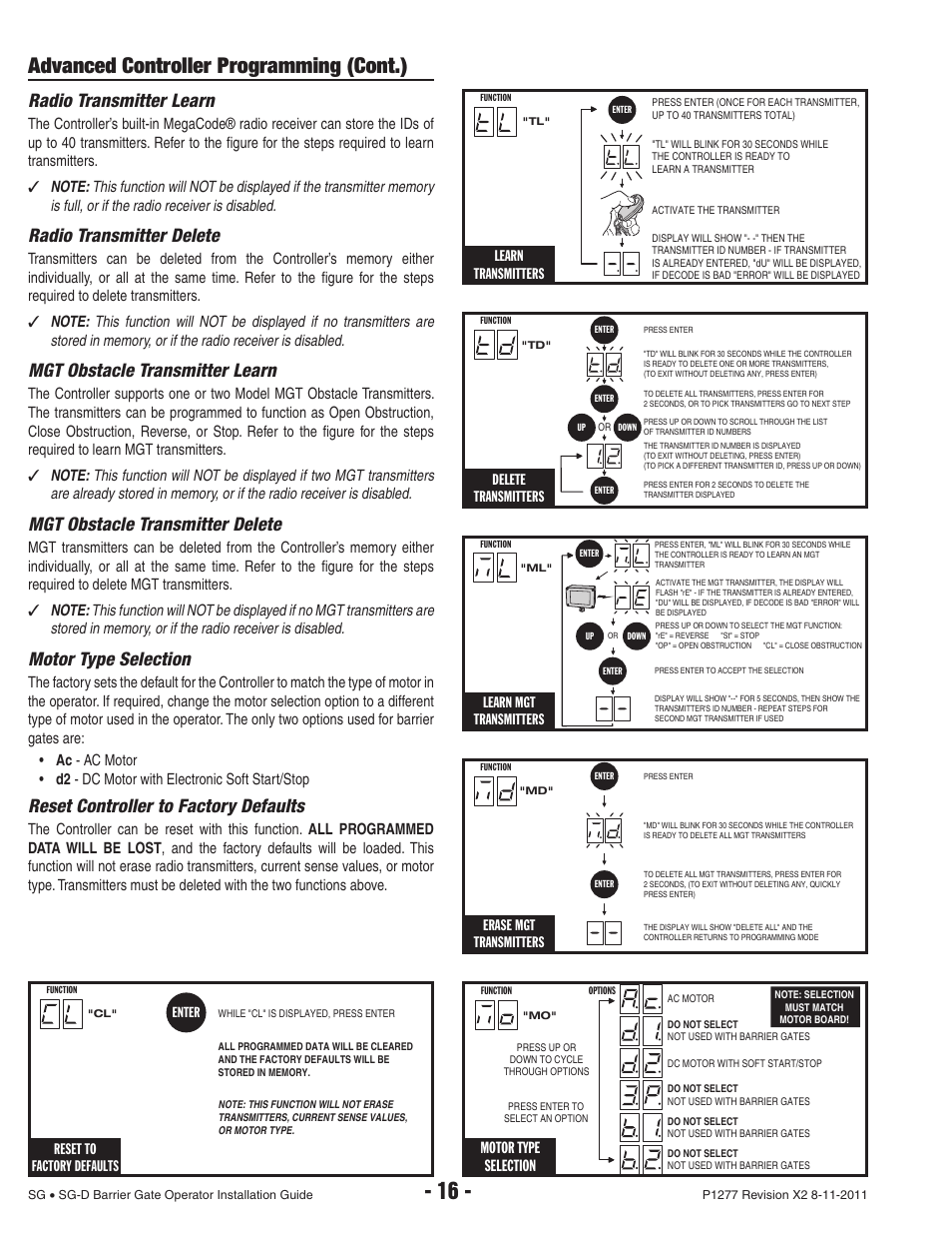 Advanced controller programming (cont.), Radio transmitter learn, Radio transmitter delete | Mgt obstacle transmitter learn, Mgt obstacle transmitter delete, Motor type selection, Reset controller to factory defaults, Reset to factory defaults, Erase mgt transmitters, Learn mgt transmitters | Controlled Products Systems Group SG-TB-25-211 User Manual | Page 18 / 28