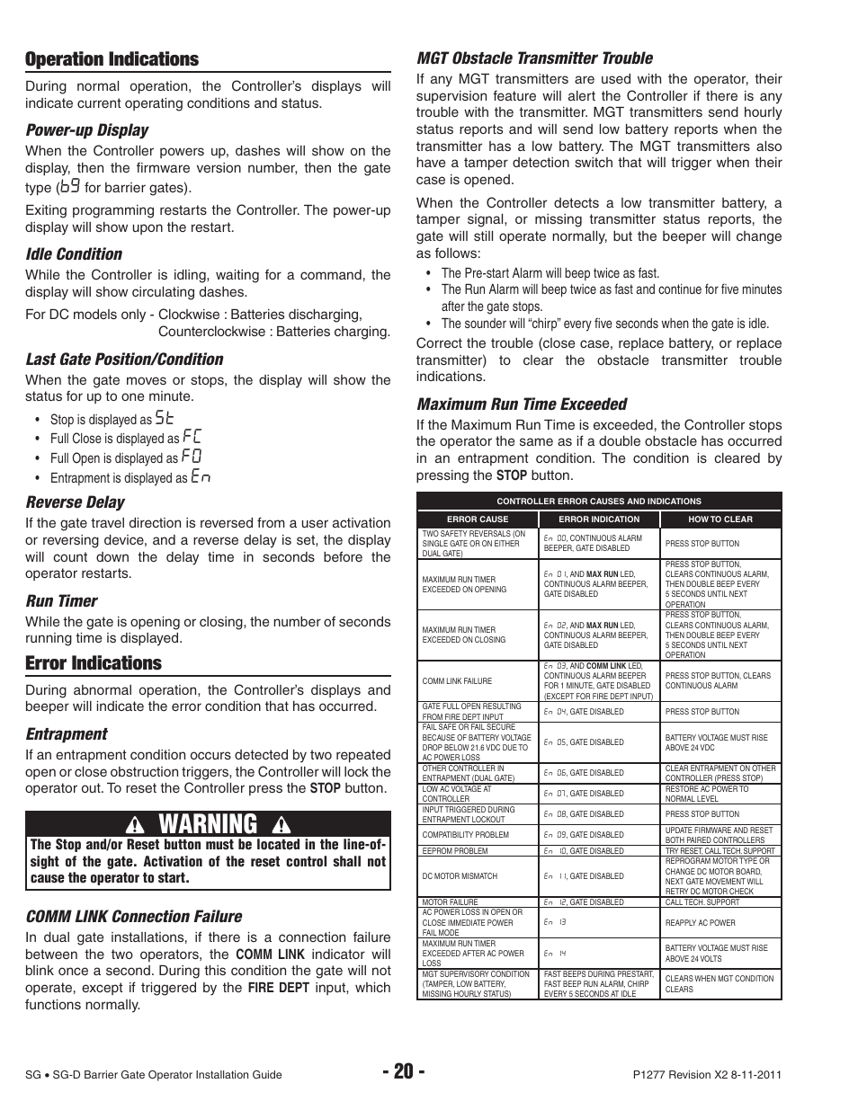 Warning, Operation indications, Error indications | Power-up display, Idle condition, Last gate position/condition, Reverse delay, Run timer, Entrapment, Comm link connection failure | Controlled Products Systems Group SG-TB-25-211 User Manual | Page 22 / 28