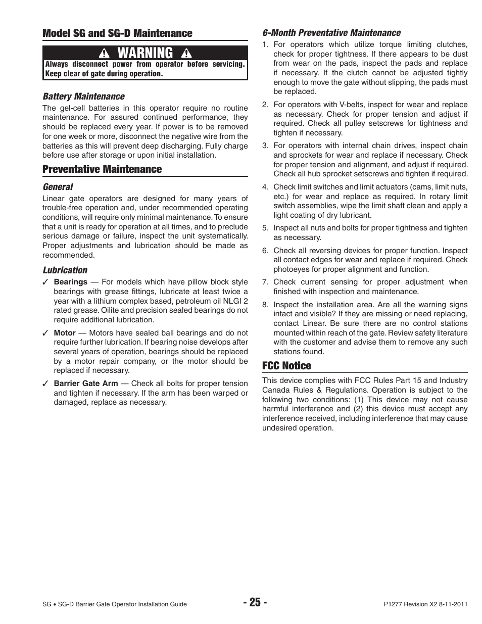 Warning, Model sg and sg-d maintenance, Preventative maintenance | Fcc notice | Controlled Products Systems Group SG-TB-25-211 User Manual | Page 27 / 28