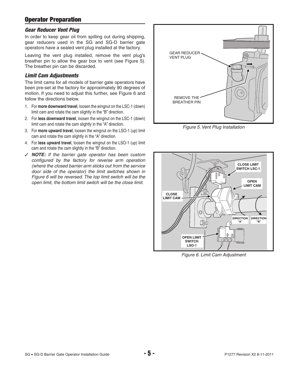 Operator preparation, Gear reducer vent plug, Limit cam adjustments | Controlled Products Systems Group SG-TB-25-211 User Manual | Page 7 / 28
