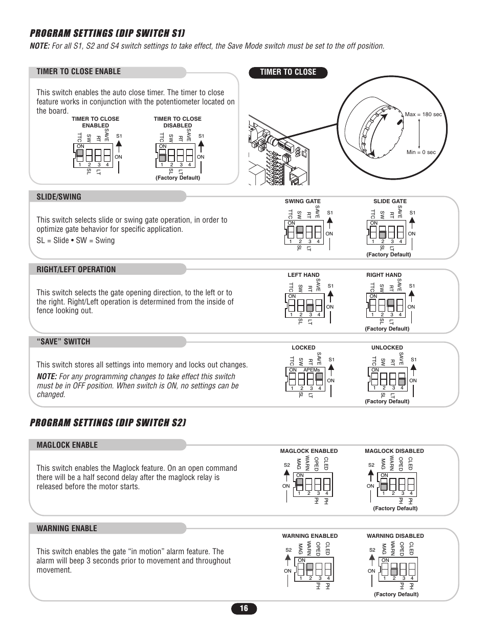 Program settings (dip switch s1), Program settings (dip switch s2) | Controlled Products Systems Group SL5755021G3 User Manual | Page 16 / 40