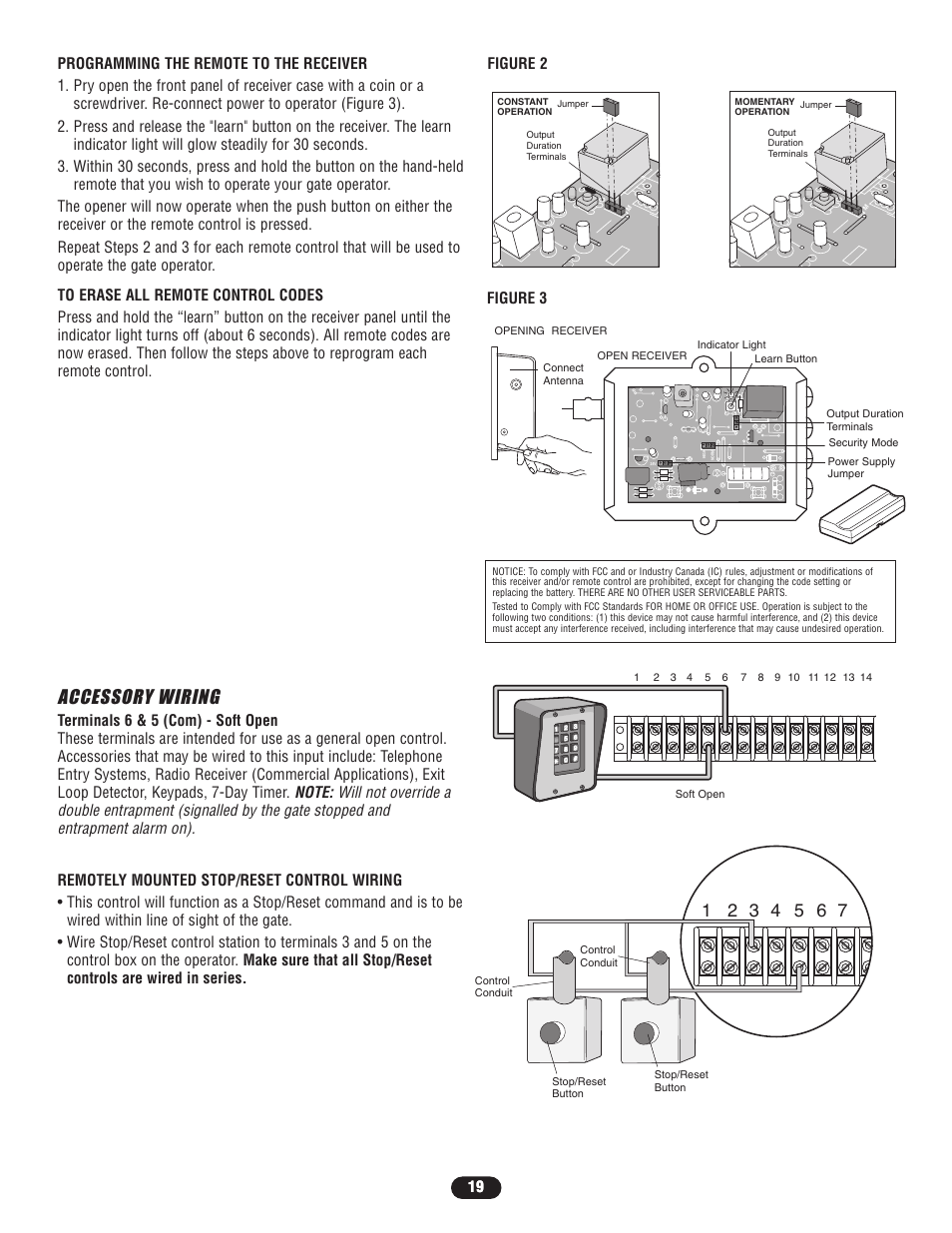 Programming the remote to the receiver, To erase all remote control codes, Accessory wiring | Controlled Products Systems Group SL5755021G3 User Manual | Page 19 / 40