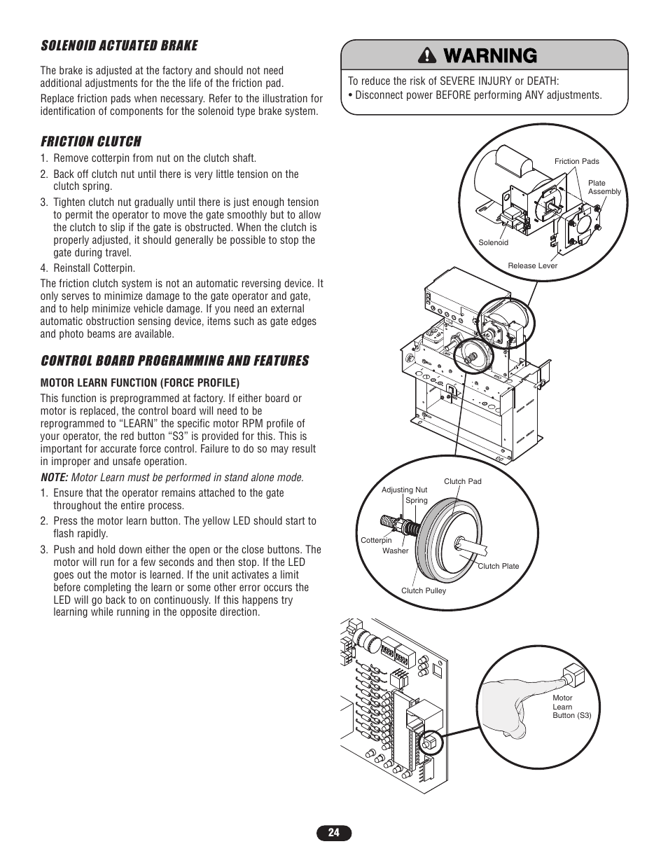 Solenoid actuated brake, Friction clutch, Control board programming and features | Controlled Products Systems Group SL5755021G3 User Manual | Page 24 / 40