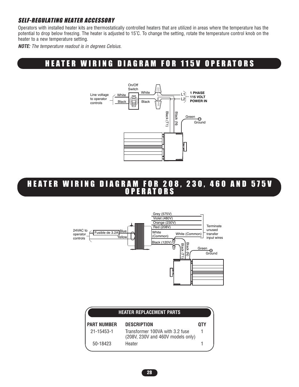 Self-regulating heater accessory, Heater wiring diagram for 115v operators | Controlled Products Systems Group SL5755021G3 User Manual | Page 28 / 40