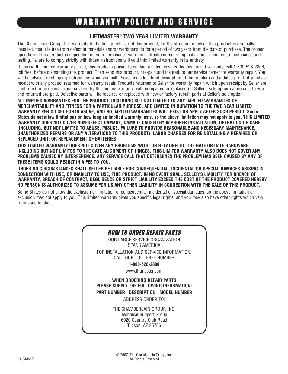 Warranty policy and service, How to order repair parts | Controlled Products Systems Group SL5755021G3 User Manual | Page 40 / 40