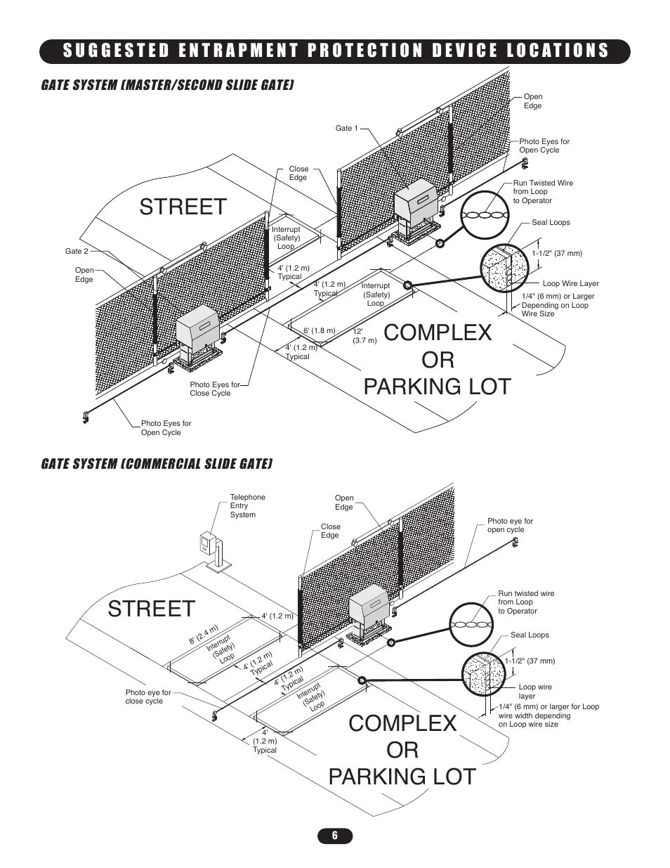 Suggested entrapment protection device locations, Gate system (commercial slide gate), Street complex or parking lot | Street, Complex or parking lot | Controlled Products Systems Group SL5755021G3 User Manual | Page 6 / 40