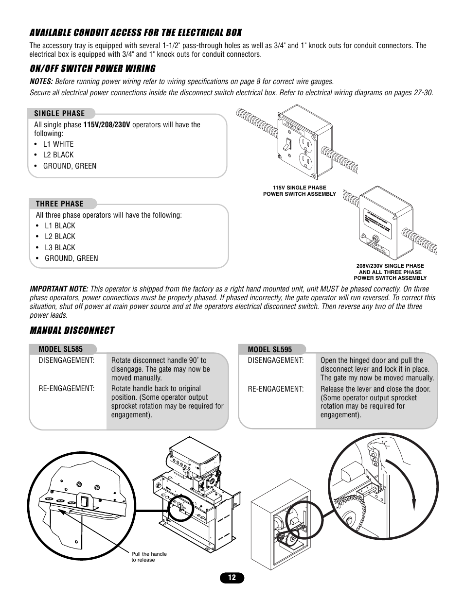 Available conduit access for the electrical box, On/off switch power wiring, Manual disconnect | Controlled Products Systems Group SL58510011G3 User Manual | Page 12 / 40