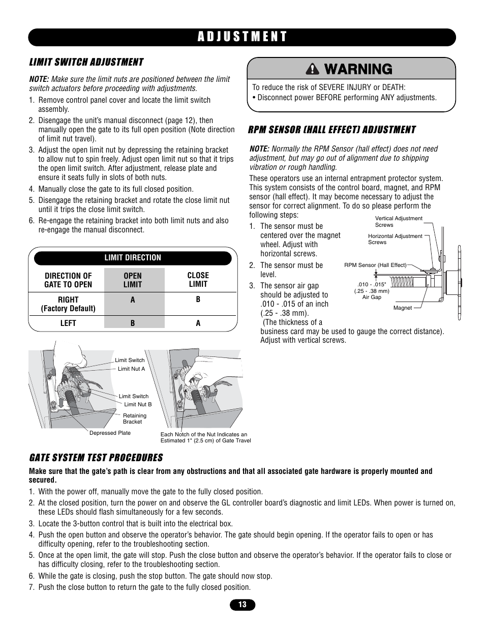 Adjustment, Gate system test procedures | Controlled Products Systems Group SL58510011G3 User Manual | Page 13 / 40