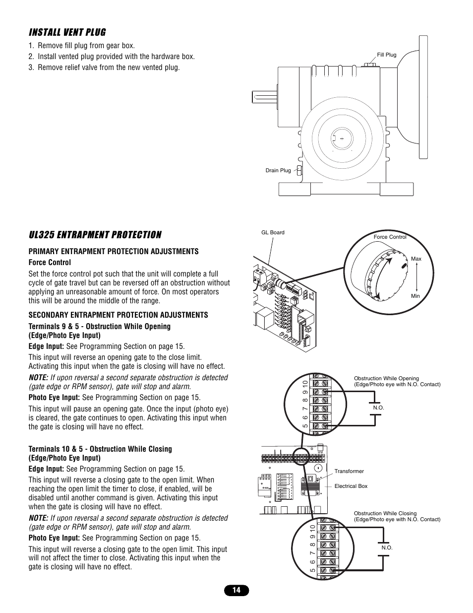 Install vent plug, Ul325 entrapment protection | Controlled Products Systems Group SL58510011G3 User Manual | Page 14 / 40