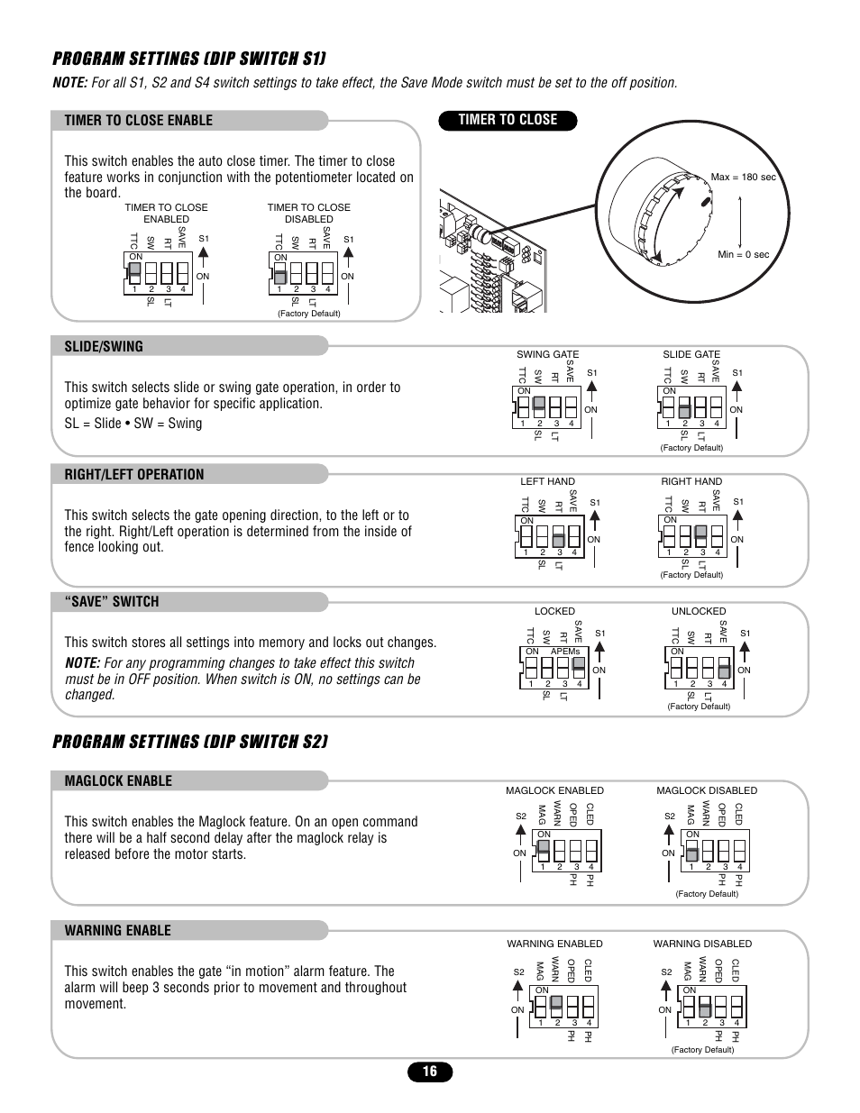 Program settings (dip switch s1), Program settings (dip switch s2) | Controlled Products Systems Group SL58510011G3 User Manual | Page 16 / 40