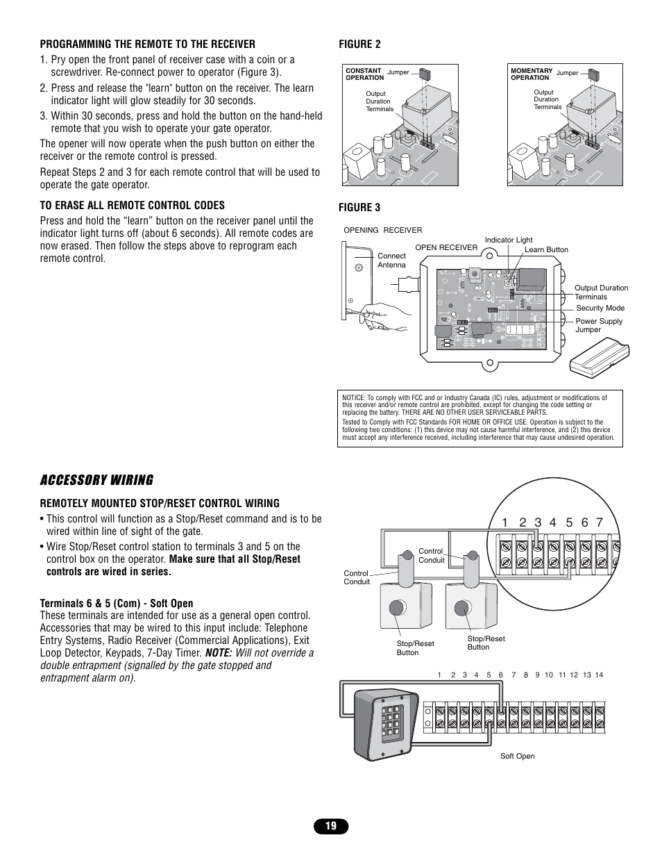 Programming the remote to the receiver, To erase all remote control codes, Accessory wiring | Controlled Products Systems Group SL58510011G3 User Manual | Page 19 / 40