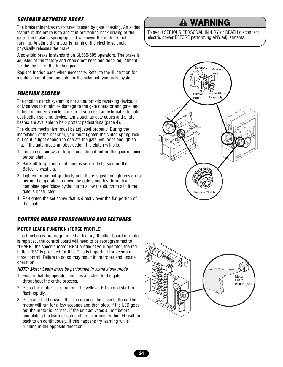 Solenoid actuated brake, Friction clutch, Control board programming and features | Controlled Products Systems Group SL58510011G3 User Manual | Page 24 / 40