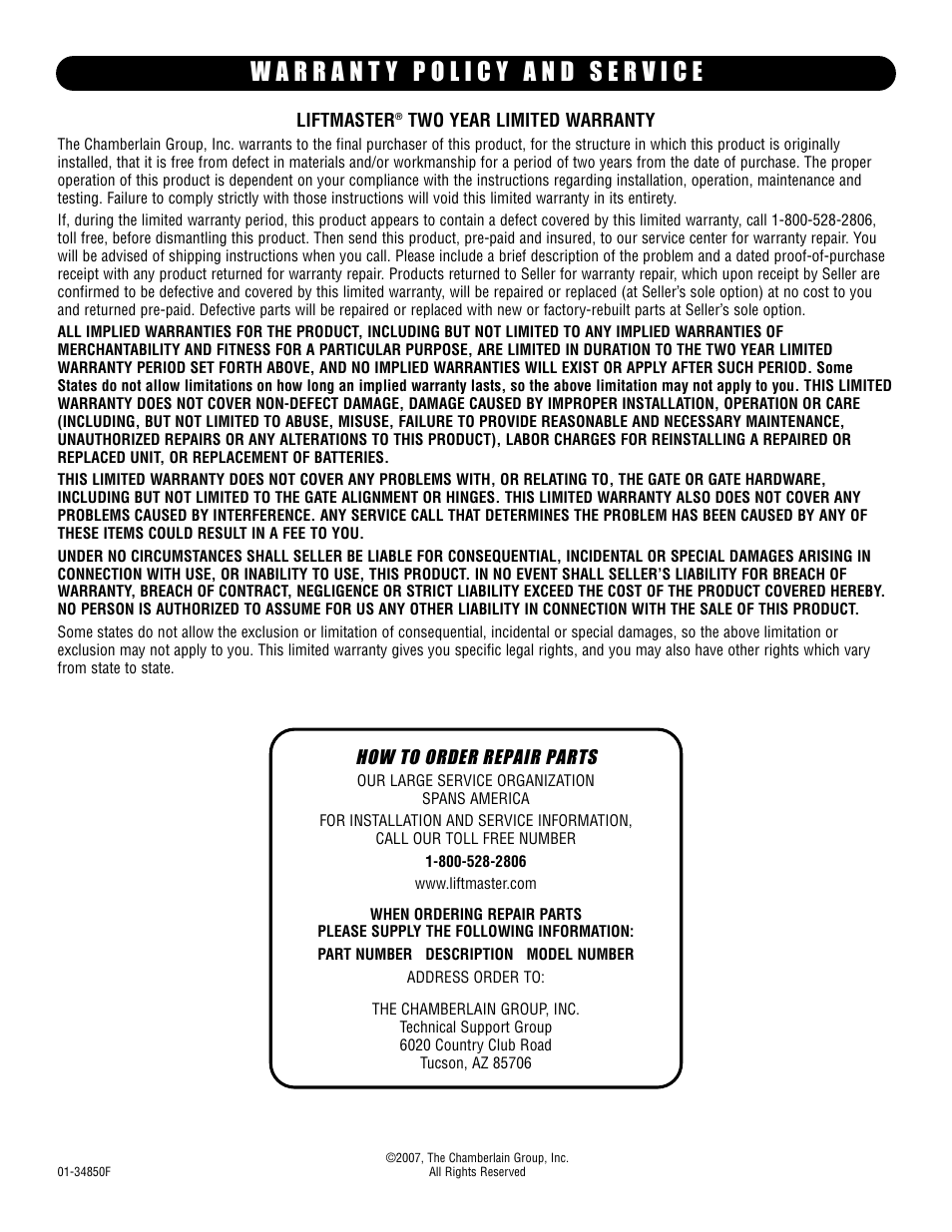 Warranty policy and service, How to order repair parts | Controlled Products Systems Group SL58510011G3 User Manual | Page 40 / 40