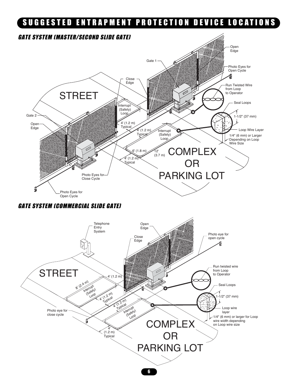 Suggested entrapment protection device locations, Gate system (commercial slide gate), Street complex or parking lot | Street, Complex or parking lot | Controlled Products Systems Group SL58510011G3 User Manual | Page 6 / 40