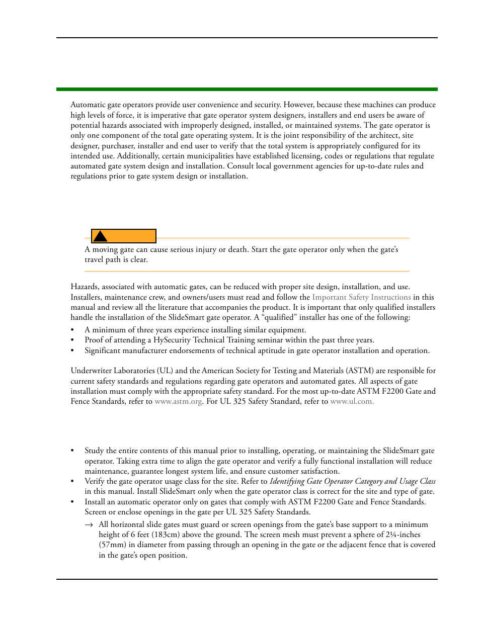 Safety requirements, Mportant, Afety | Nstructions, Safety standards - installer's responsibility | Controlled Products Systems Group SLIDESMART DC 10F User Manual | Page 13 / 148