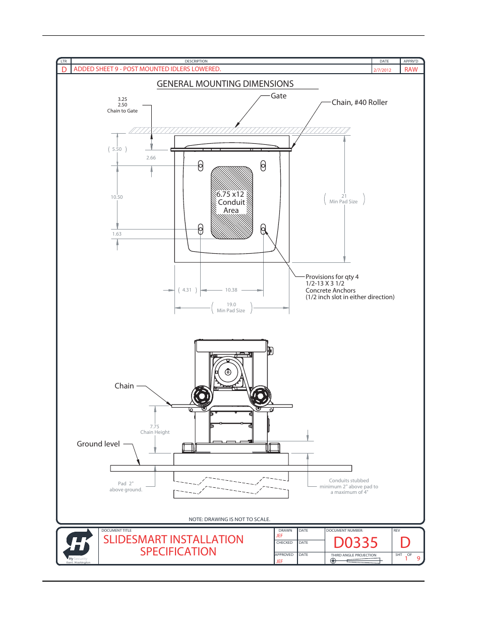 D0335, Slidesmart installation specification, General mounting dimensions | Ground level chain | Controlled Products Systems Group SLIDESMART DC 10F User Manual | Page 134 / 148