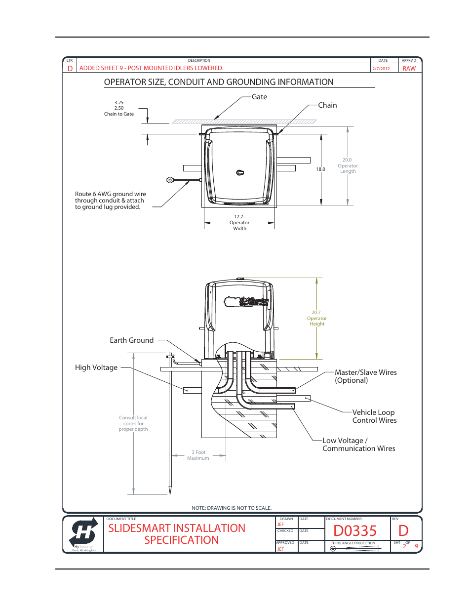 D0335, Slidesmart installation specification, Operator size, conduit and grounding information | Revision d installation configurations a-3 | Controlled Products Systems Group SLIDESMART DC 10F User Manual | Page 135 / 148