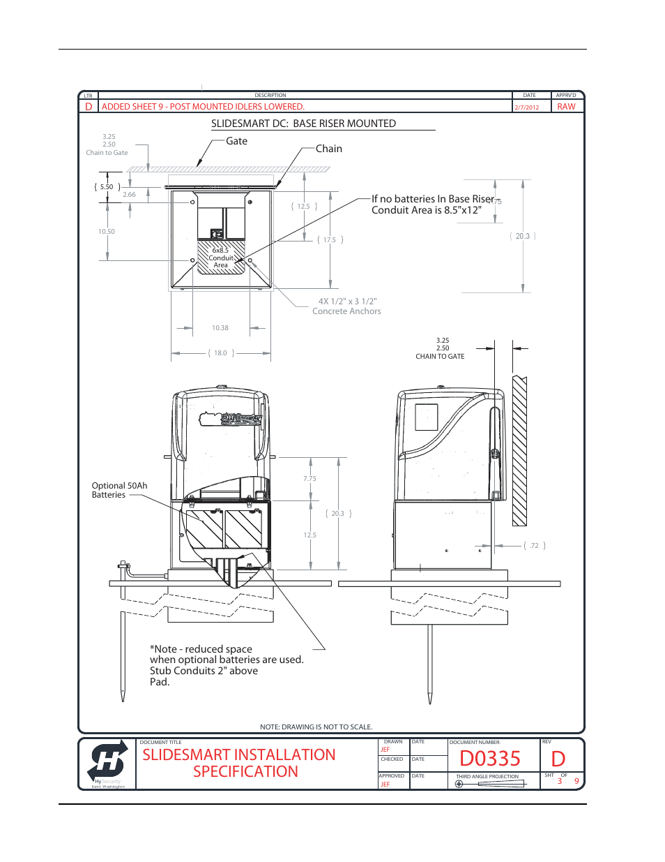 D0335, Slidesmart installation specification, Gate chain | Slidesmart dc: base riser mounted | Controlled Products Systems Group SLIDESMART DC 10F User Manual | Page 136 / 148