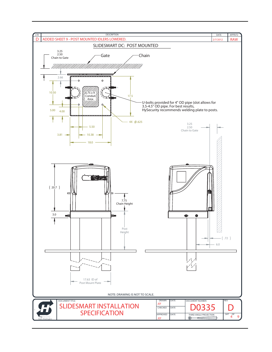 D0335, Slidesmart installation specification, Revision d installation configurations a-5 | Gate chain slidesmart dc: post mounted | Controlled Products Systems Group SLIDESMART DC 10F User Manual | Page 137 / 148